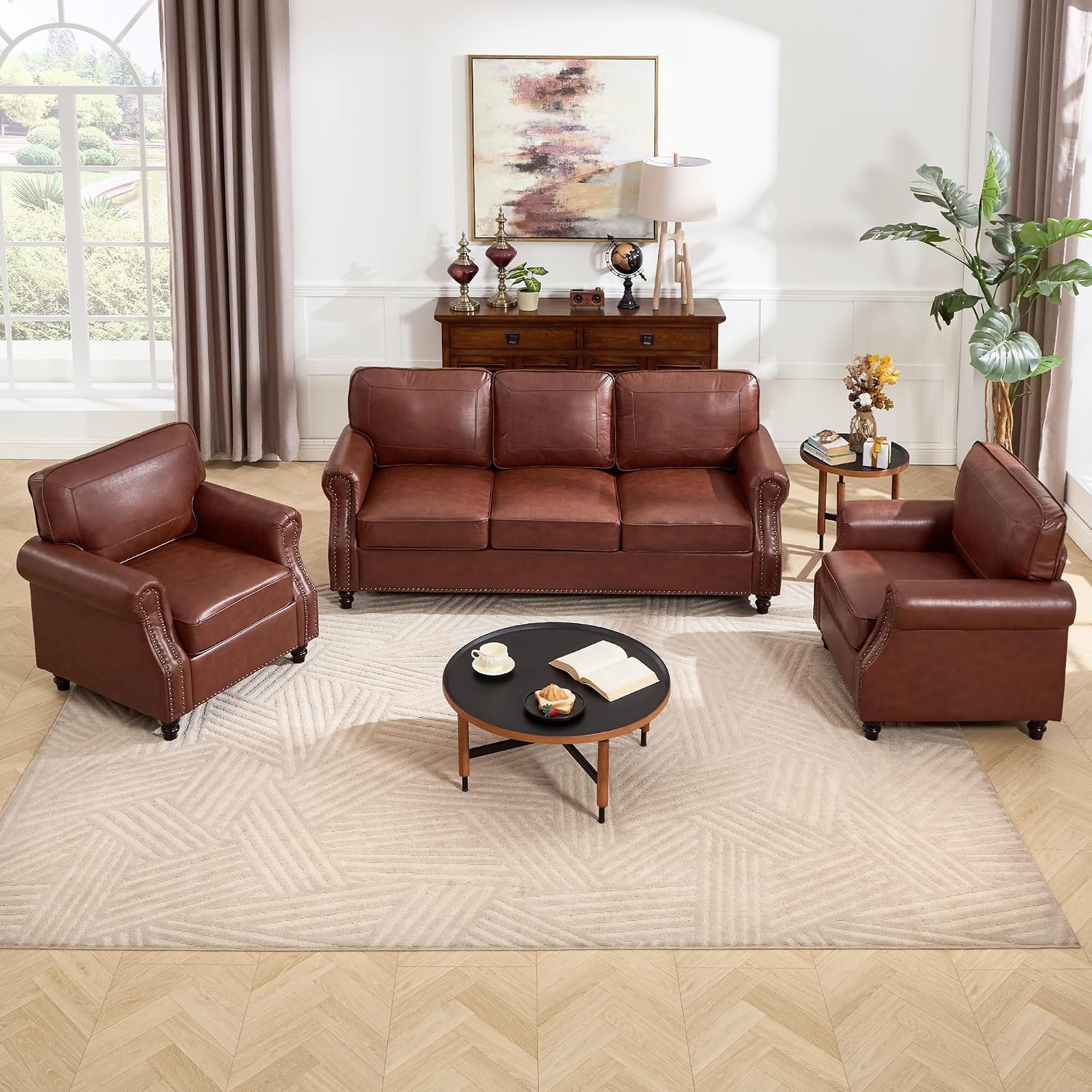 Kingfun 3 Seater Sofa, Mid-Century Modern Faux Leather Couch Set for Living Room, Darkcoffee with Rolled Arms & Nailhead Trim, Easy Assembly