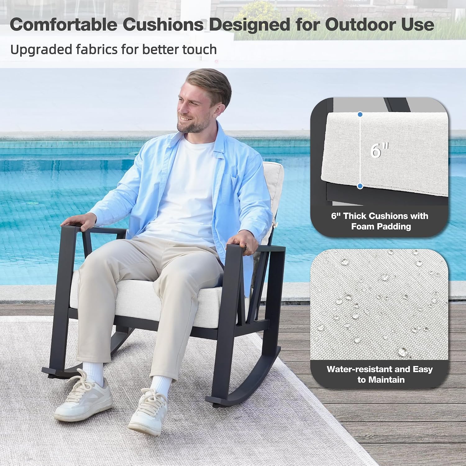 Outdoor Patio Rocking Chairs Set of 2, 3 Pieces Patio Porch Furniture Set with 6' Thick Cushions, Outdoor Bistro Set with Coffee Table,White
