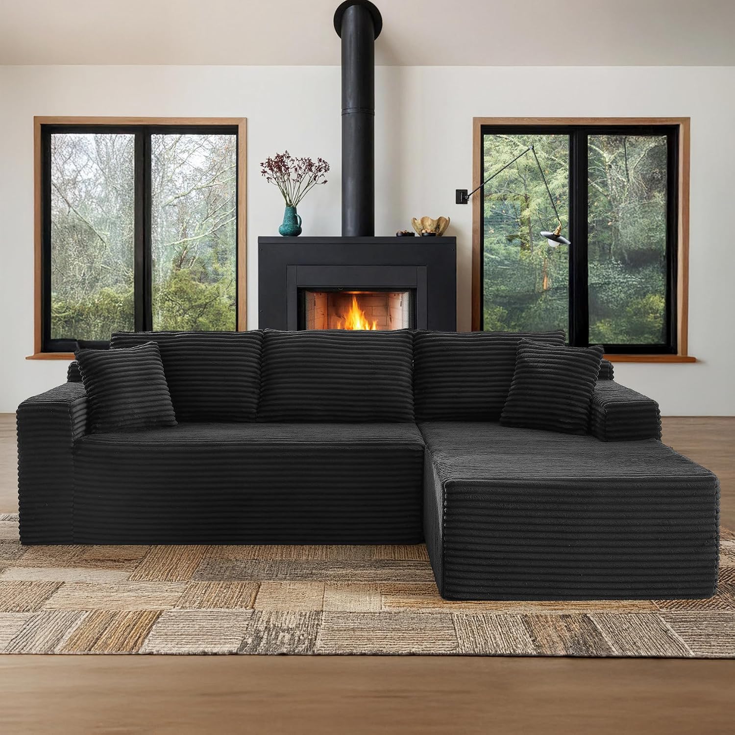 96' Sectional Couches for Living Room Cloud Couch Sofa with L-Shape Upholstered Boneless Couchs Modern Modular Sectional Couch with Chaise (Black, 105' W+Right)