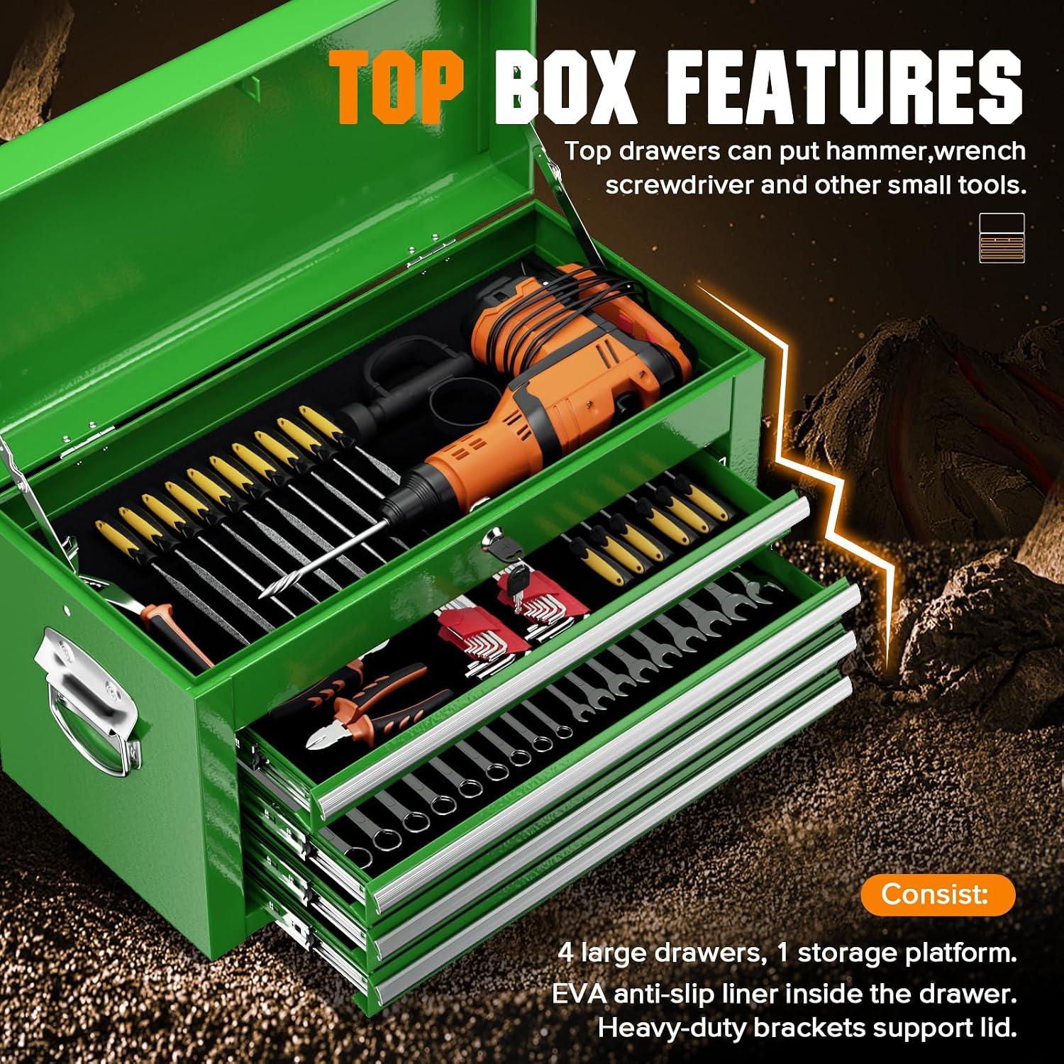 Crownland 5-Drawer Rolling Tool Chest with Wheels, Lockable 2 in 1 Detachable Tool Cabinet wit Drawers and Black Liners, Garage Top Toolbox & Bottom Storage Cart with Side Hooks(Green)