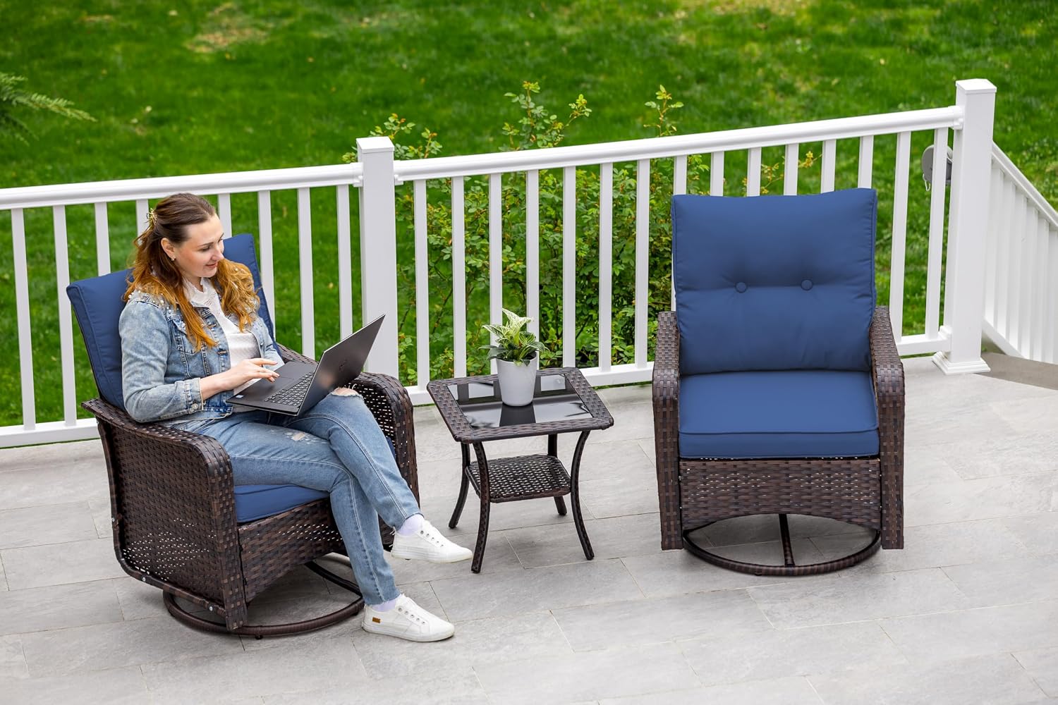 ALAULM Outdoor Swivel Rocking Chairs Set of 2 with 4'Thick Cushions and High Back, Wicker Patio Chairs w/Side Table for Patio, Porch, Poolside, Deck, Backyard, Garden-Dark Blue