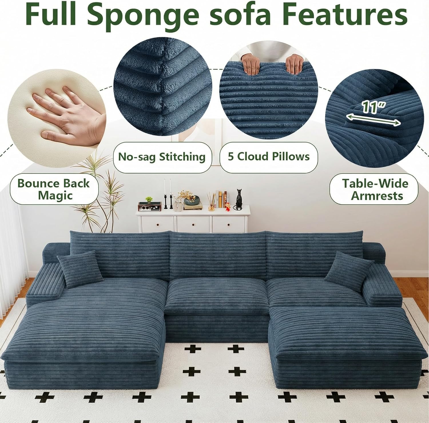 107' Cloud Couch Modular Sectional Sofa for Living Room, U-Shape Boneless Couch with Deep Seat, Modern Corduroy 3-Seater with Ottoman, No Assembly Required (Blue,Left-Facing Chaise)