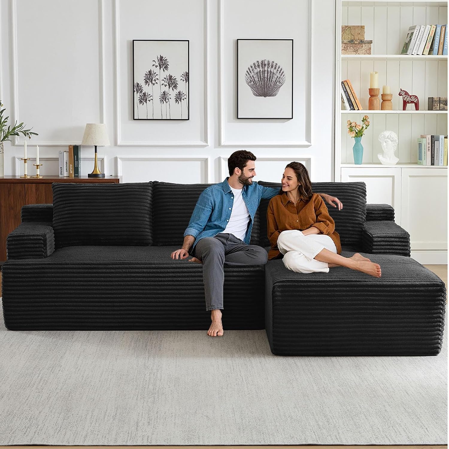 96' Cloud Sectional Couch with L-Shape Chaise, Modern Corduroy Boneless Couch for Living Room,Memory Foam Sofa with Deep Seat,No Assembly Required (Black,Right-Facing Chaise)