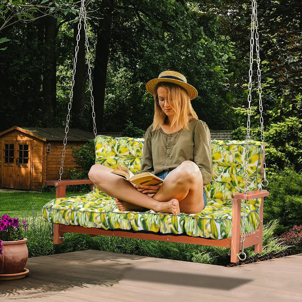 Waterproof Porch Swing Cushion Replacement, 2–3 Seat Swing Seat Cushion with Backrest & Ties, Thick Outdoor Bench Cushion for Patio Garden Porch (Botanical Yellow, 40 x 63 in)