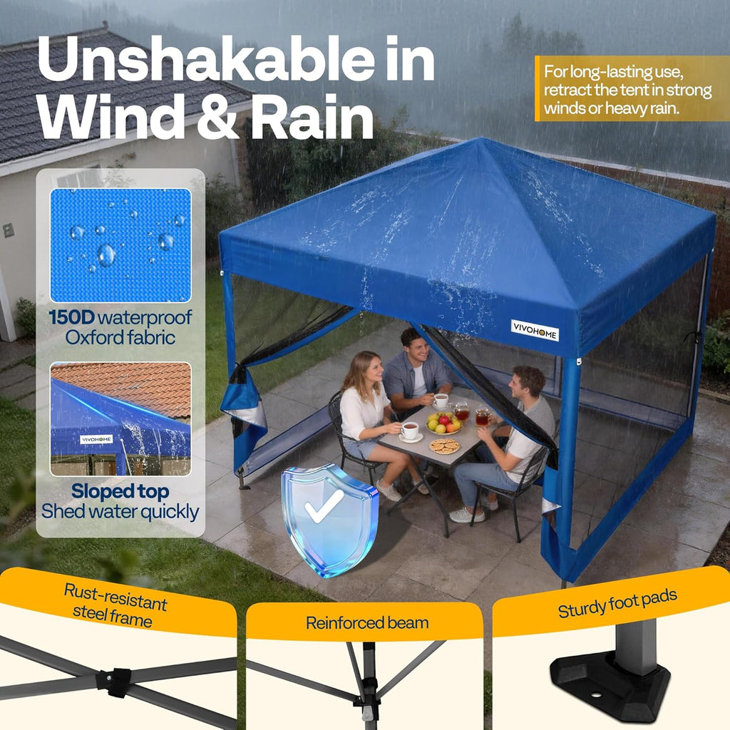 VIVOHOME 8x8ft Easy Pop-Up Canopy, Outdoor Screen Tent with Mosquito Netting, 2 Zipper Doors, and Roller Bag for Yard Camping Picnic Party Events, Blue