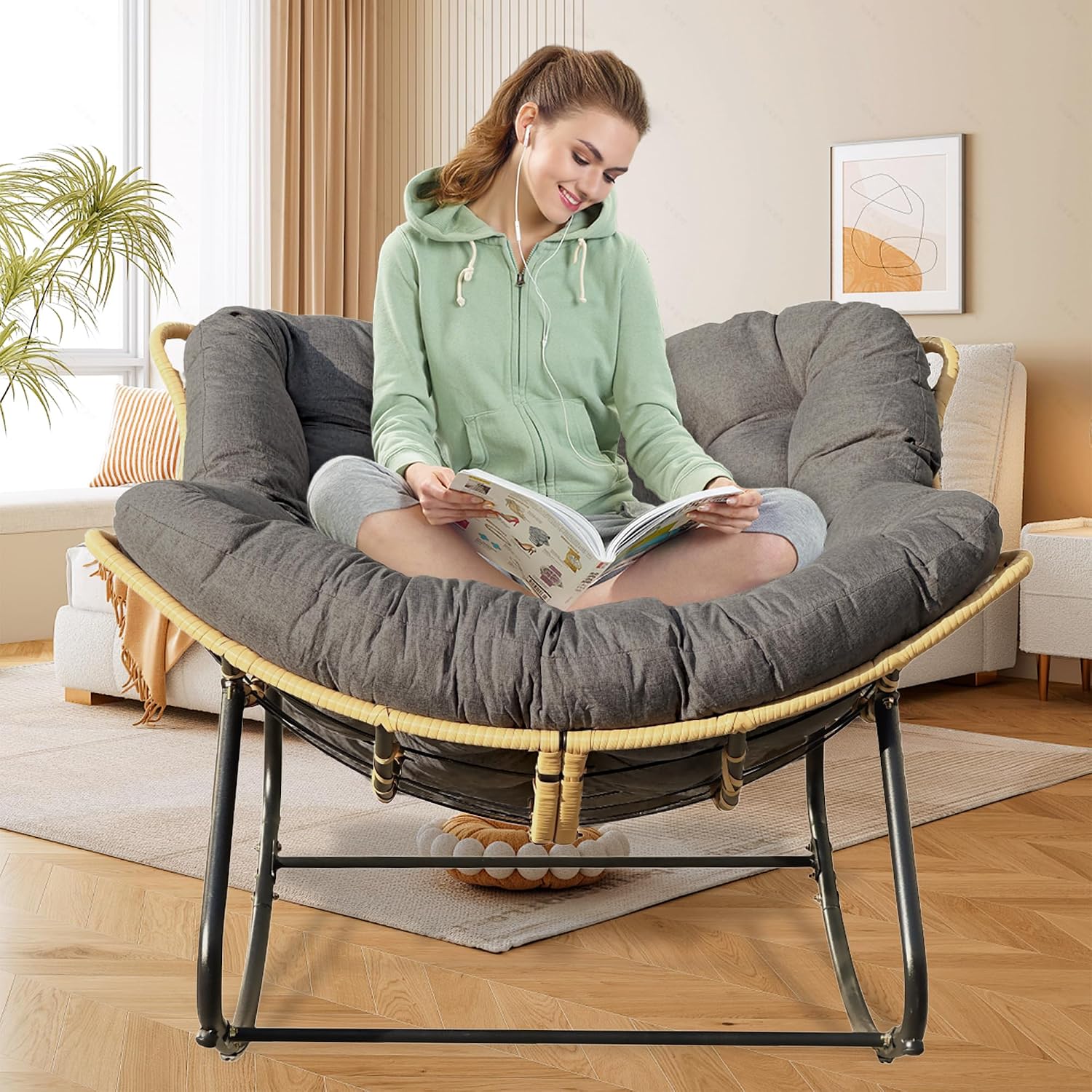 Outdoor Rocking Chair, Patio Egg Rocking Chair, Indoor Papasan Chair, Rattan Wicker Lounge Chair, Modern Royal Chair for Bedroom, Living Room, Porch, Garden,Lawn (41.3' Grey)