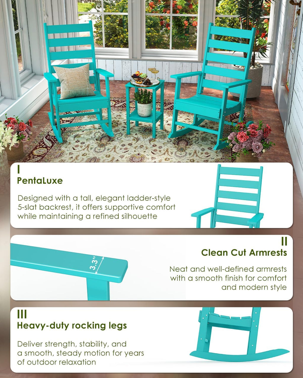 GREENVINES Outdoor-Rocking-Chair | HDPE Plastic | Patio Rockers | Porch Rocker Chairs | Shaker | Oversized | High Ladder Back | Big & Tall | PentaLuxe |Aqua