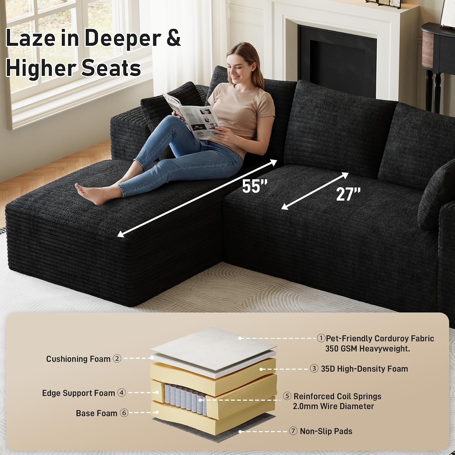 107' L-Shaped Boneless Sectional Couches for Living Room, Comfy Corduroy Fluffy Cloud Couch, Deep Seat Memory Foam Plush Modular Sectional Sofa with Left-Facing Chaise, No Assembly, Black