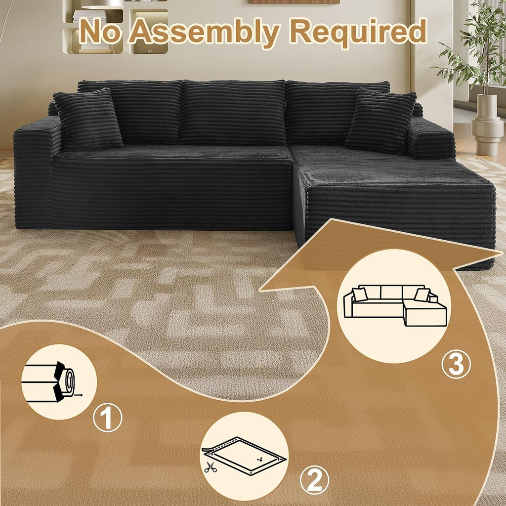 96' Sectional Couches for Living Room Cloud Couch Sofa with L-Shape Upholstered Boneless Couchs Modern Modular Sectional Couch with Chaise (Black, 105' W+Right)