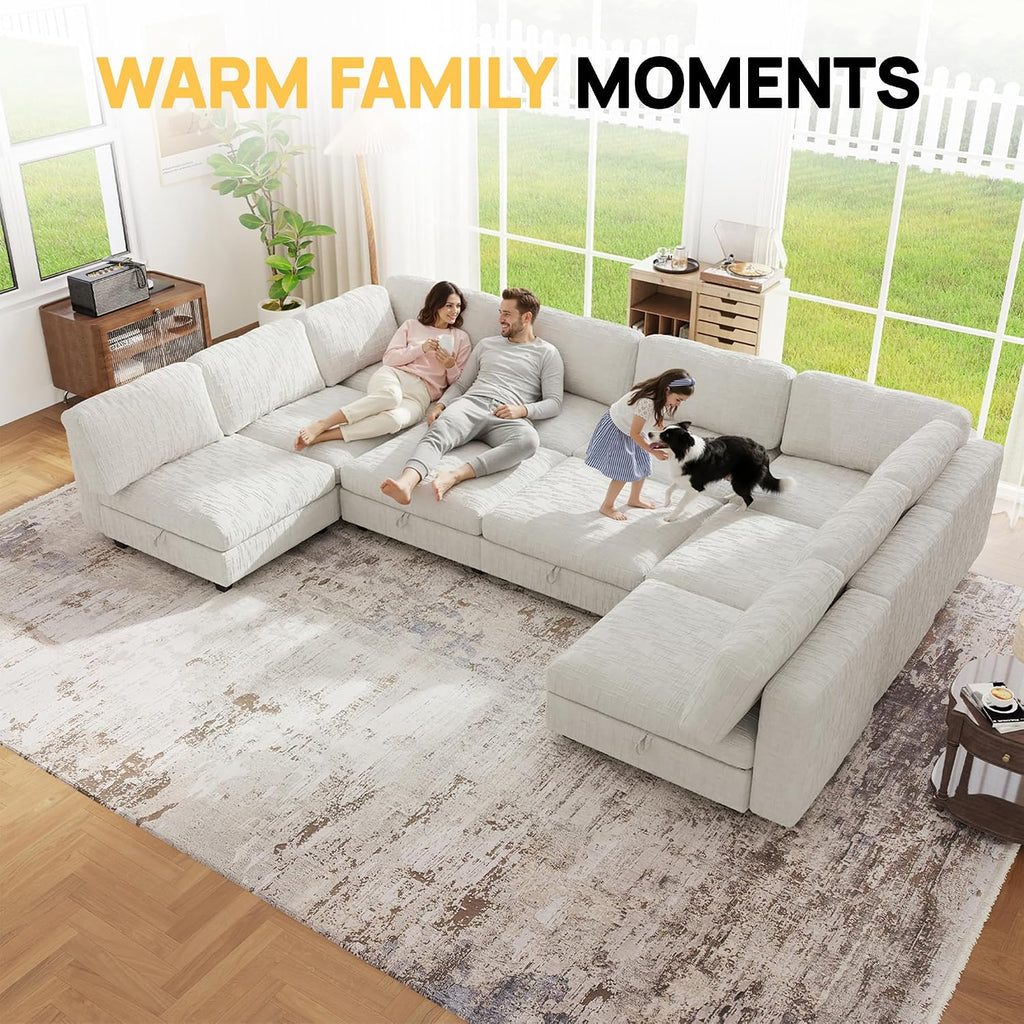 157' Modular Sectional Chenille Sofa bed with Hidden Storage, Comfy Modern 10 Seater Oversized Deep Seat Couch, Modular Sectional with Ottoman and Removable Cover for Living Room, Apartment, Beige