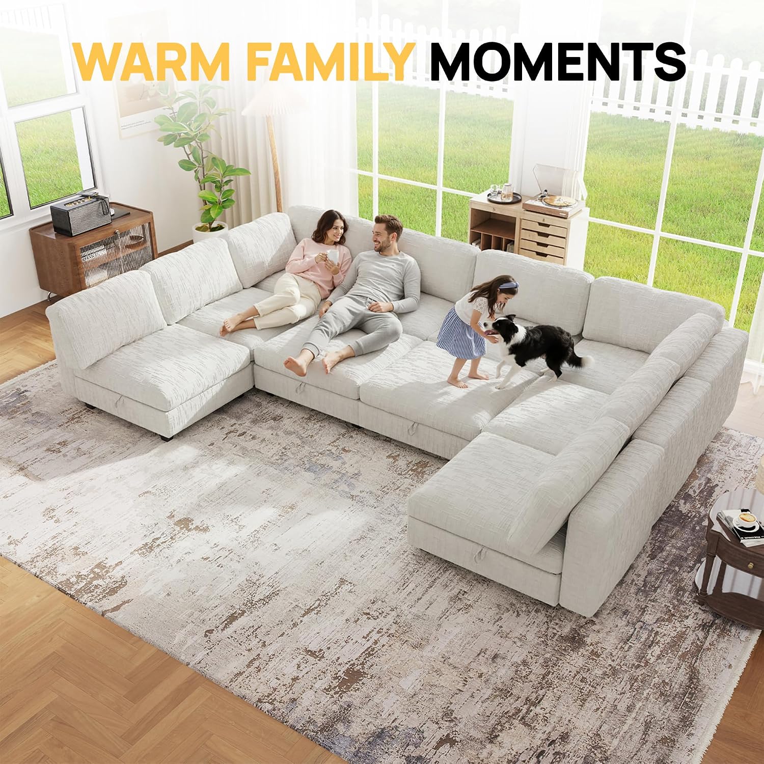 157' Modular Sectional Chenille Sofa bed with Hidden Storage, Comfy Modern 10 Seater Oversized Deep Seat Couch, Modular Sectional with Ottoman and Removable Cover for Living Room, Apartment, Beige