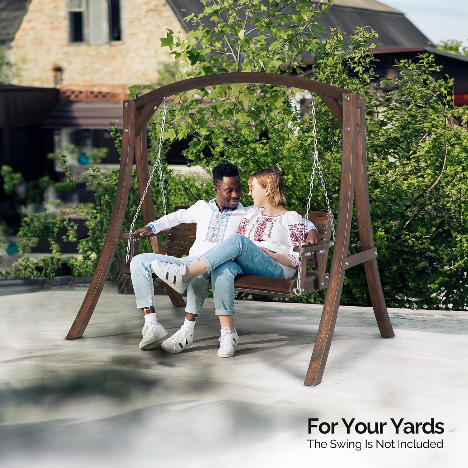 VINGLI 6.7FT Porch Swing Frame, 1000LBS Heavy Duty A-Frame Wooden Porch Swing Stand with Curved Arc Top for 5FT Porch Swing, Large Swing Hanger for Garden, Patio, Backyard & Indoor, Rustic