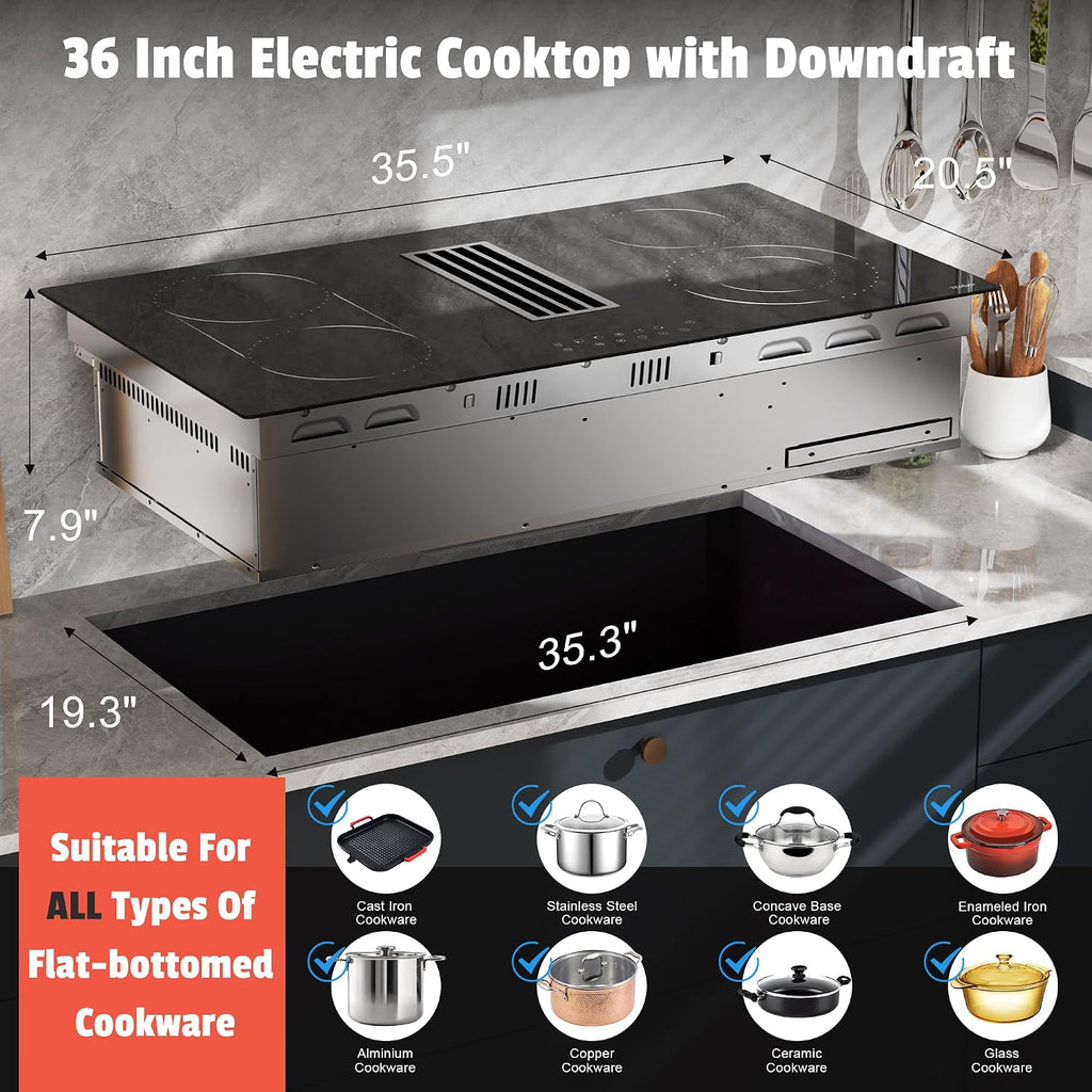 Hobsir 36 Inch Electric Cooktop with Downdraft Extractor, 4 Burners Glass Radiant Stovetop 7400W, 9 Power Levels, Cook top with BBQ, Timer, Pause, Safety Lock, 240V(No Exhaust Pipe Required)
