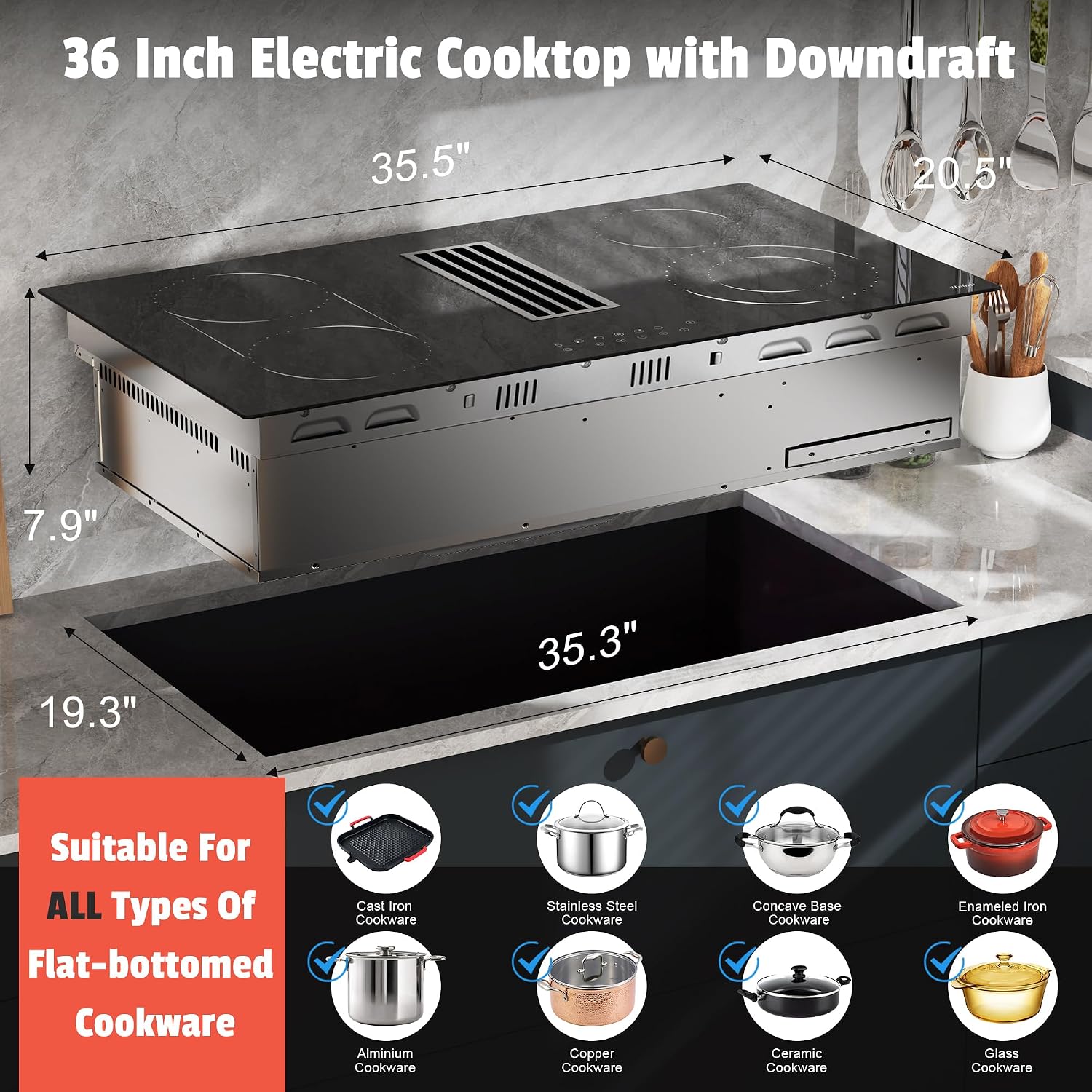 Hobsir 36 Inch Electric Cooktop with Downdraft Extractor, 4 Burners Glass Radiant Stovetop 7400W, 9 Power Levels, Cook top with BBQ, Timer, Pause, Safety Lock, 240V(No Exhaust Pipe Required)