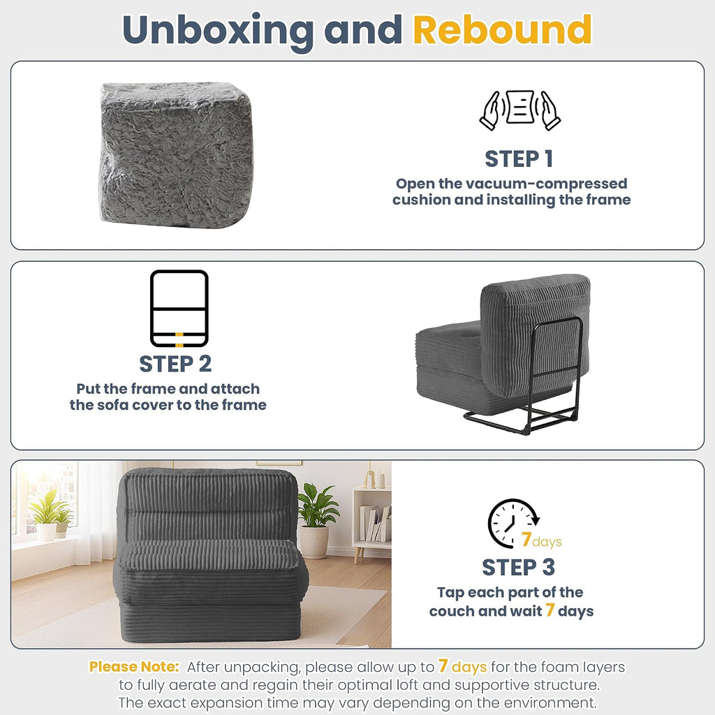 Single Convertible Sofa Bed with Fixed Frame & Thickened Cushion, Boneless Couch Folding Chair Bed with 5-Position Adjustable Backrest, Pull-Out Futon with Pillow for Small Spaces, Apartment,Grey