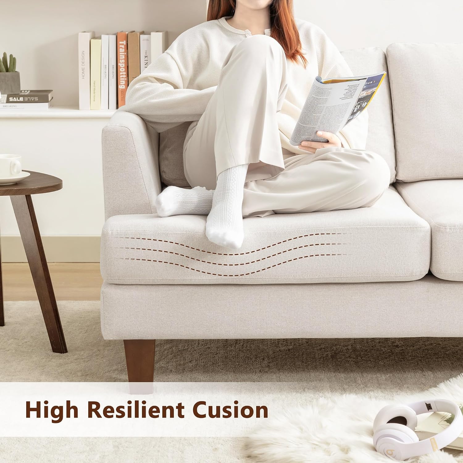 Busaurus 3 Seater Sofa Couch with Deep Seats, 89' Mid Century Modern Upholstered Sofa with Armrests, Comfy Couches for Living Room, Bedroom, Apartment and Office (Beige)