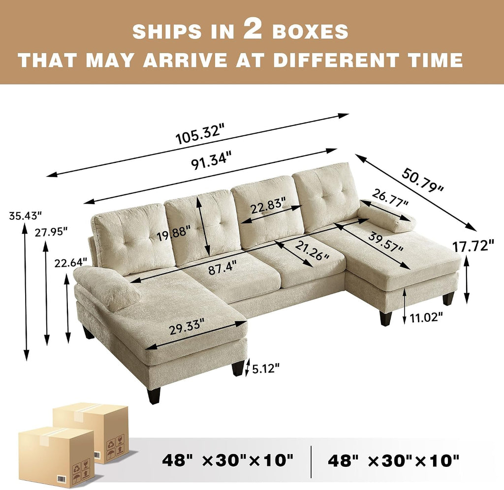 Sectional Couch for Living Room, Modern Polyester Fibre U Shaped Sofa Couches with Double Chaise, Upholstered 4 Seater Sofa for Living Room, Apartment, Office, Beige