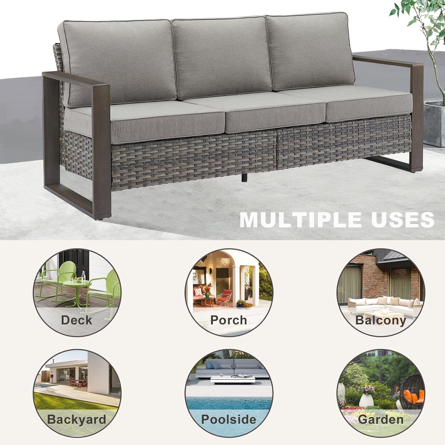 Rilyson Outdoor Couch Wicker Patio Sofa, Rattan Patio Furniture Sofa with Sturdy Frame,All-Weather PE Wicker,Wide Armrest,Deep Seating and Thick Cushions for Deck Porch Garden(Mixed Grey/Grey)