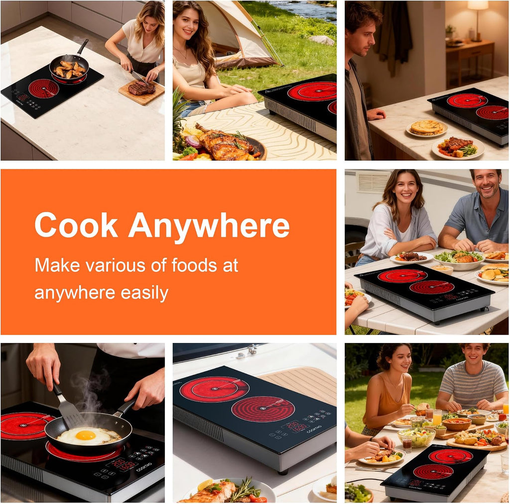Dual Heating Coil Design of 2 Burner Electric Cooktop, 1800W Commercial Ceramic Infrared Cooking Hot Plate, Portable Countertop or Built-in Radiant Stove Top Cooker with WATT and TEMP Control