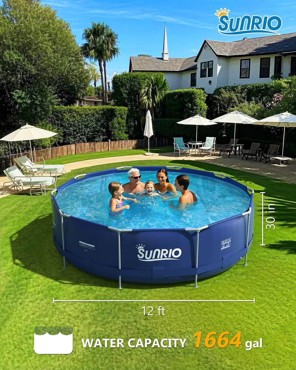 12'*30' Round Above Ground Swimming Pool for Kids and Adults Metal Frame Family Pool with 530 GPH Filter Pump Pool Cover and Ground Cover Capacity 1664 Gallon