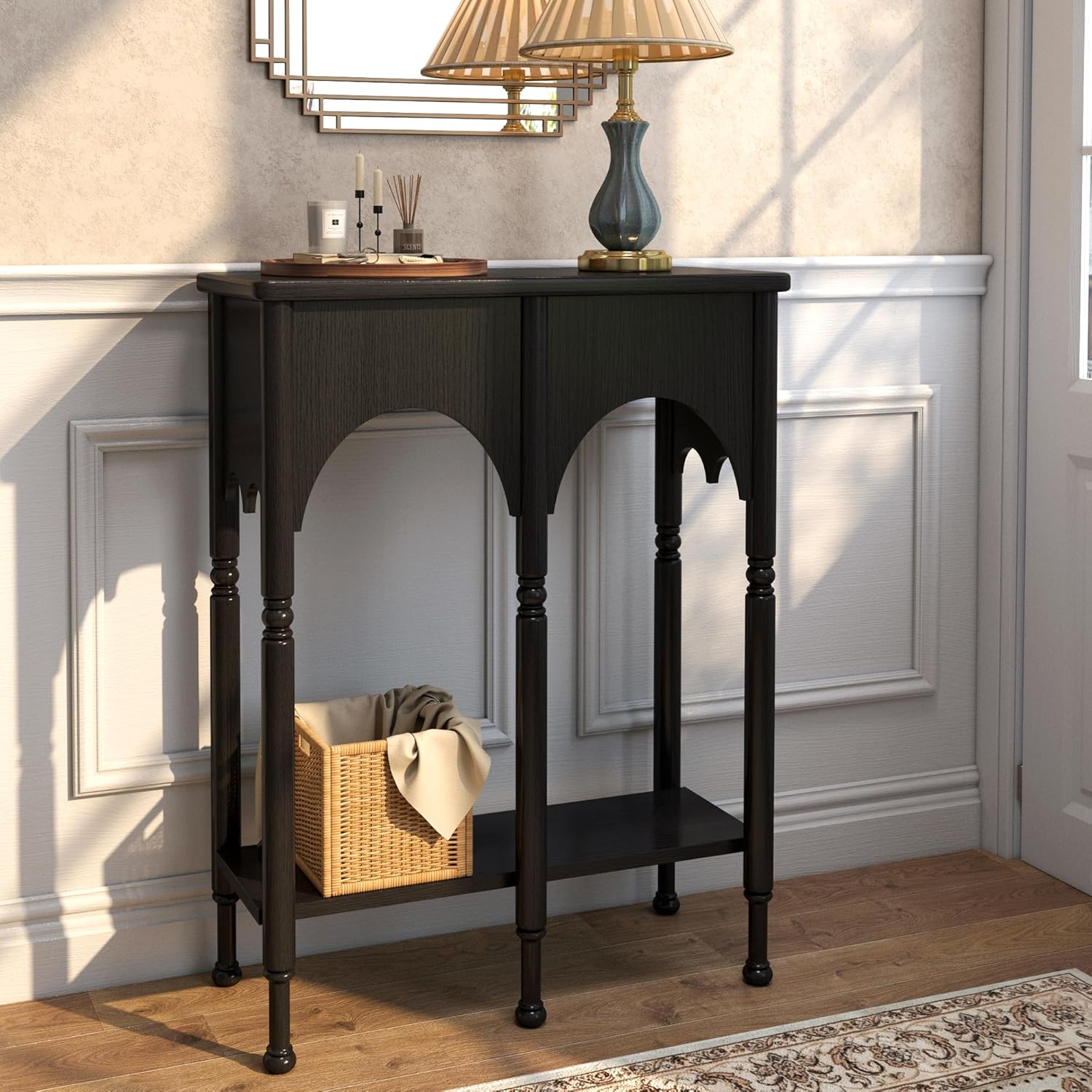 Console Table with Storage Shelf Set of 2, Retro Modern 2-Tier Entryway Table, Narrow Sofa Table with Roman-Style Legs for Living Room, Hallway, Black