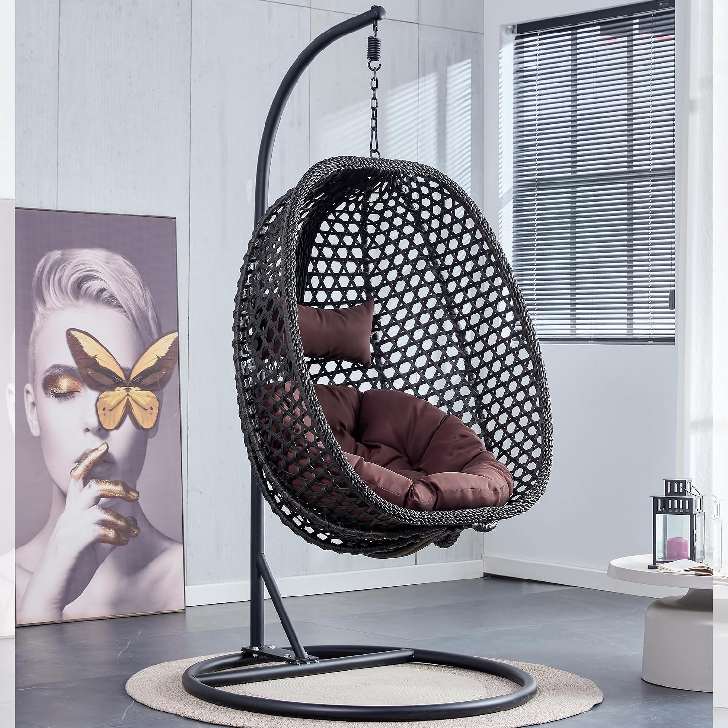 Egg Chair Indoor Outdoor, Hanging Chair for Bedroom, Swing Chair Hammock with Stand & Cushions, Comfy Swinging Chair Adult Reading Chair for Patio Balcony Backyard, Heavy Duty 350LBS, Black