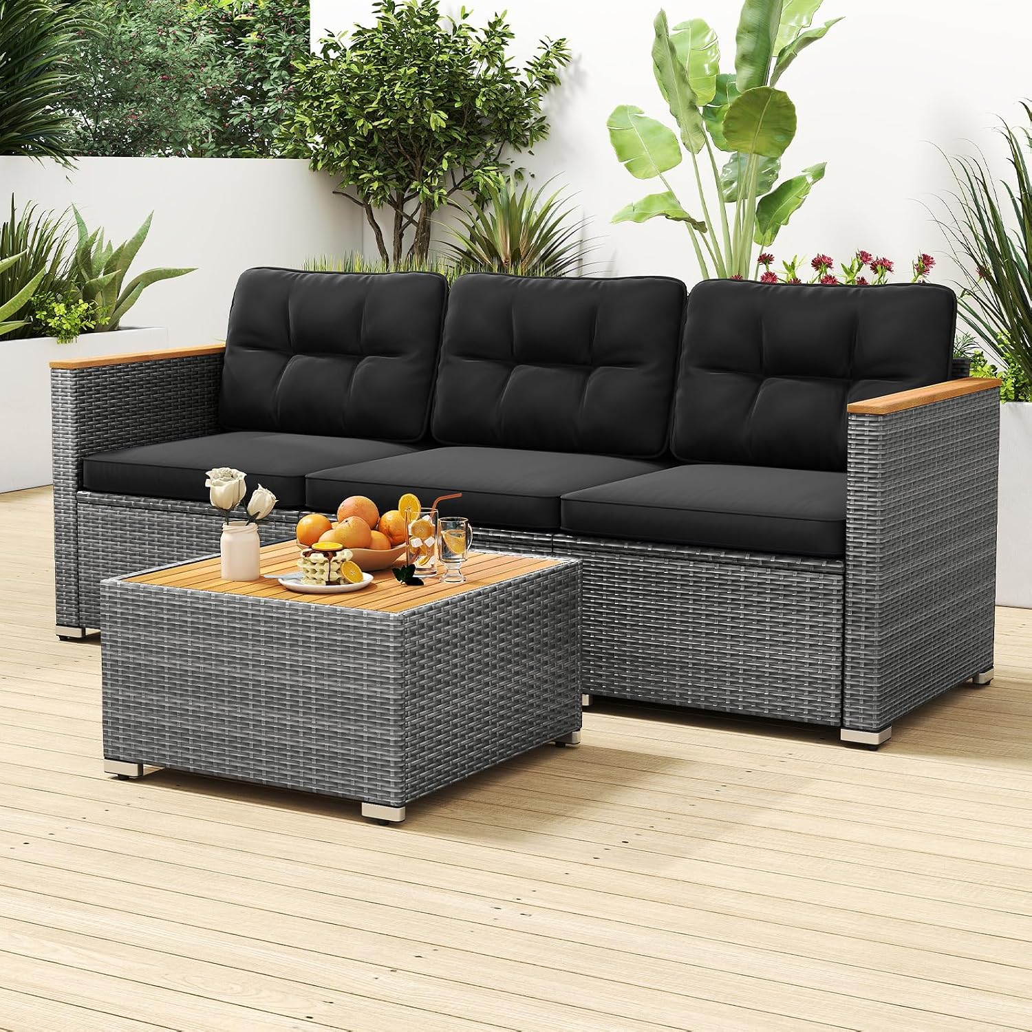 Tangkula 3-Seat Patio Wicker Couch Sofa, Outdoor 3 Seater Rattan Furniture Set with Acacia Wood Armrests & Thick Cushion, Outside Sectional Sofa Couch for Porch, Deck, Garden and Backyard, Black