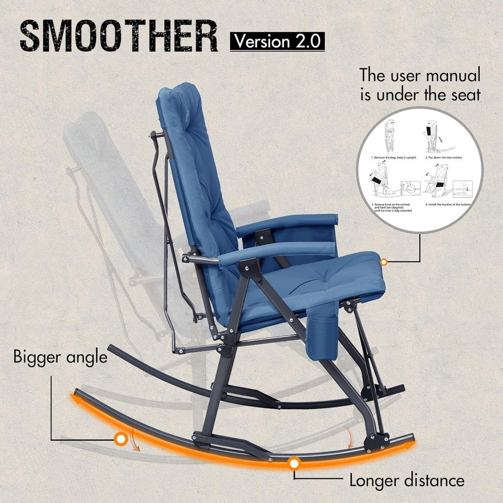 Portal Folding Rocking Camping Chair Outdoor - Thick Padded Rocking Recliner Chair Portable Camping Rocker for Patio Front Porch Backyard Lawn Living Room, Supports 400 LBS