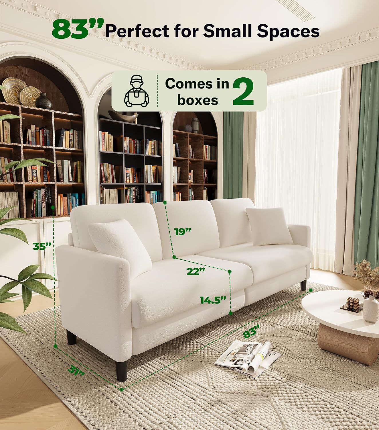 Welzona 83' Couches for Living Room, Teddy Sofa Couch, Comfy Sofas for Living Room, Tool-Free Setup Loveseat Sofa, All-Wood Love Seat Couches, Small Couch 2 Pillows Included, Beige