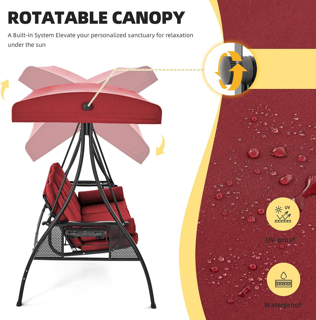 HOMREST 3 Person Outdoor Porch Swing with 1.5' Upgraded Cup Holder, Adjustable Canopy, Backrest, Patio Swing Bed with Weather Resistant Steel Frame, Cushions for Garden,Deck and Poolside(Wine Red)