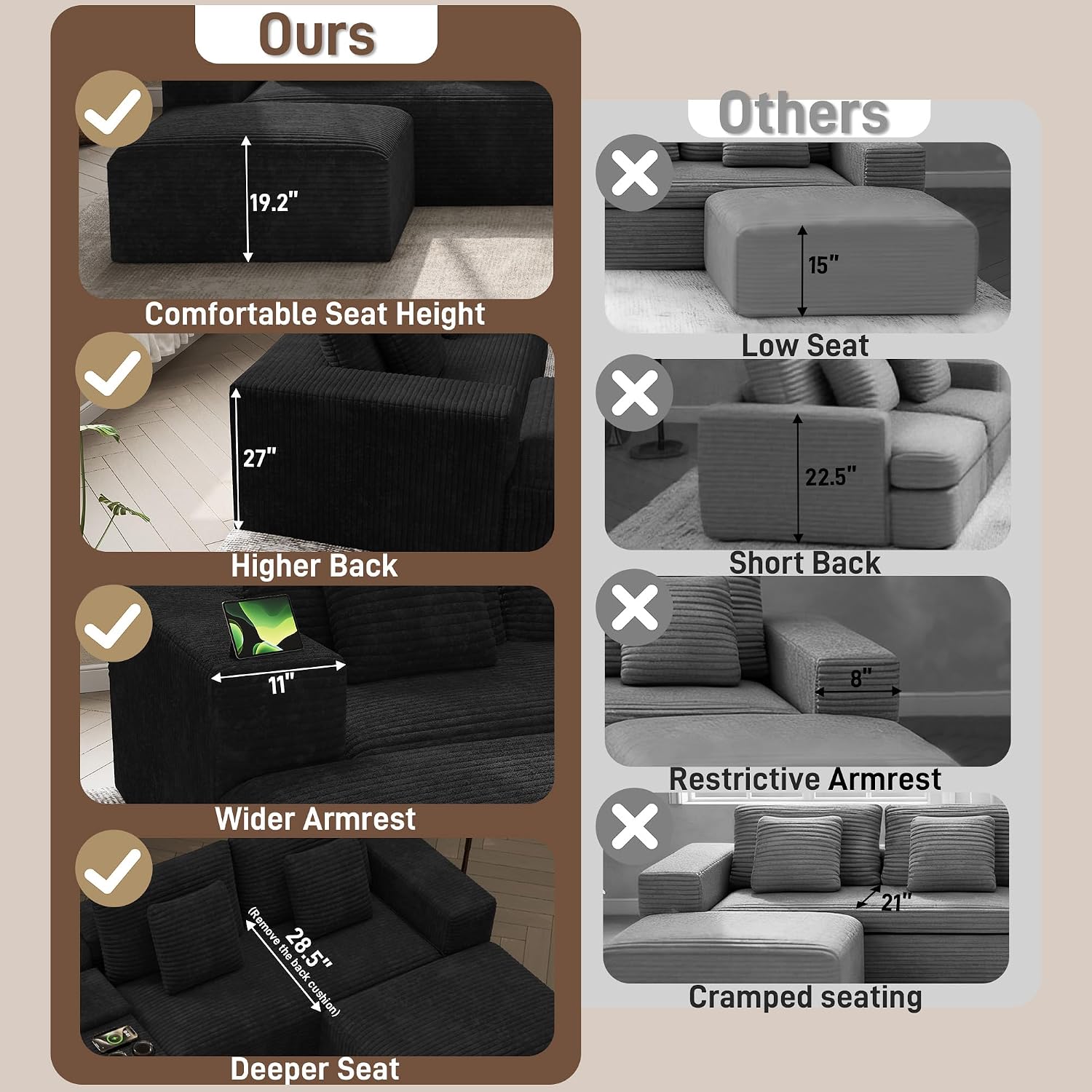152' Oversized U Shaped Cloud Couches for Living Room, Fluffy Large Modular Sectional Sofa Set with Ottoman Chaise Comfy Corduroy Black Boneless Couch with Cup Holder Bluetooth Speaker USB Port