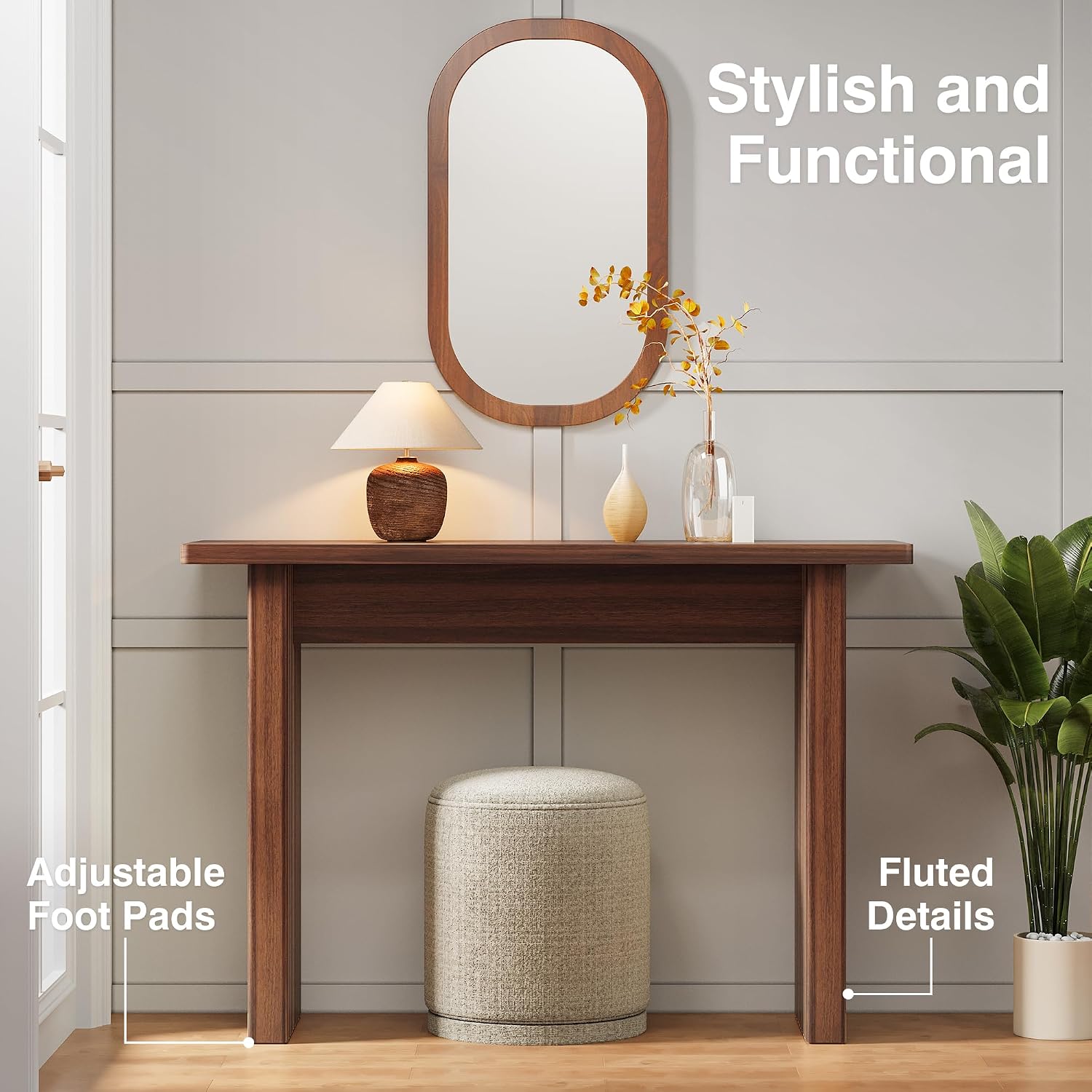 AVZEAR Mid Century Narrow Entryway Console Table, 43.3' Fluted Wood Couch Table Behind Sofa Long and Skinny for Living Room Hallway Entrance Foyer, Walnut