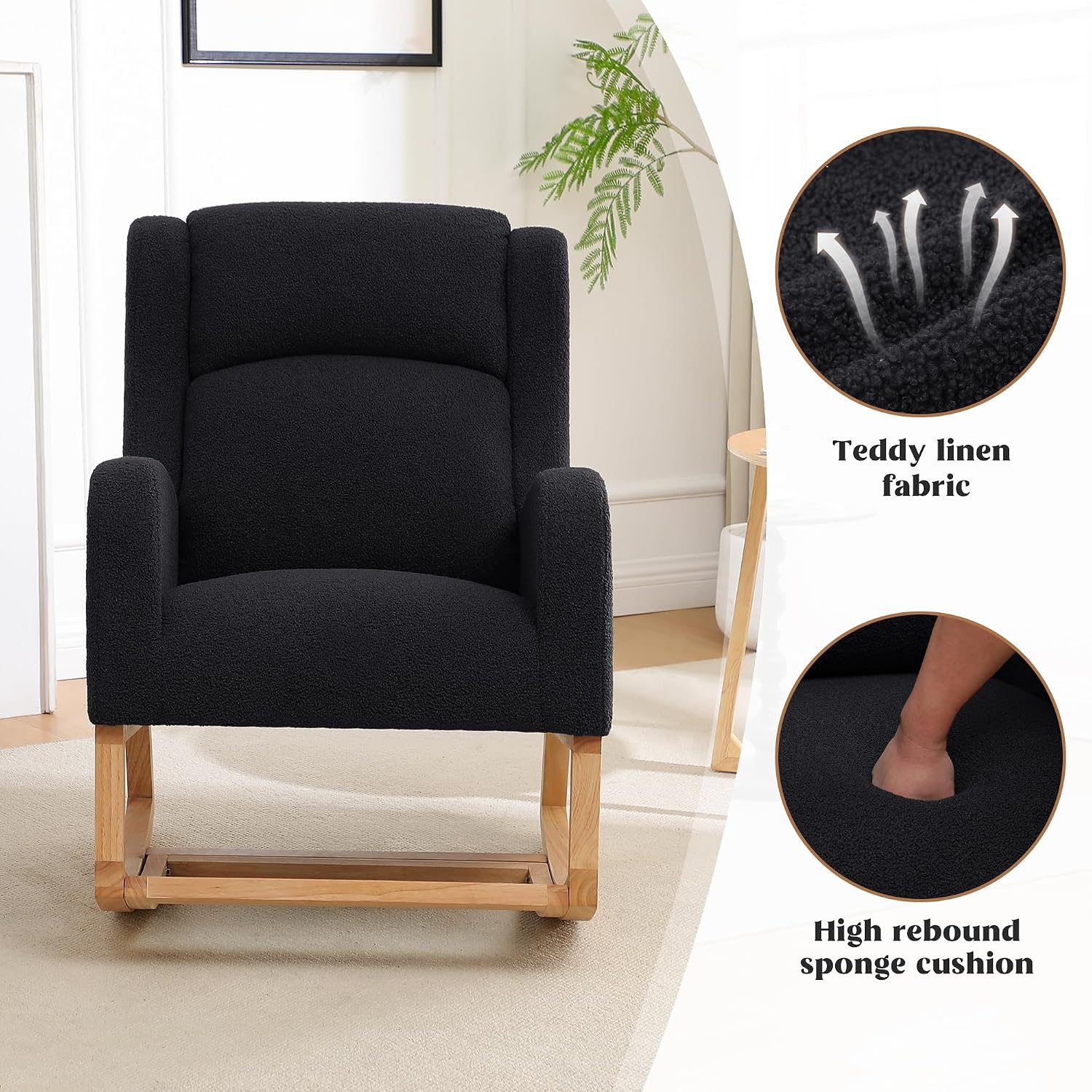 HCHAIRH Rocking Chair Nursery, Nursing Rocking Chairs for Mom Nursery, Comfy Wingback Glider Rocking Armchair with Foot Rest and Side Pocket for Nursery Living Room Bedroom, Teddy Black