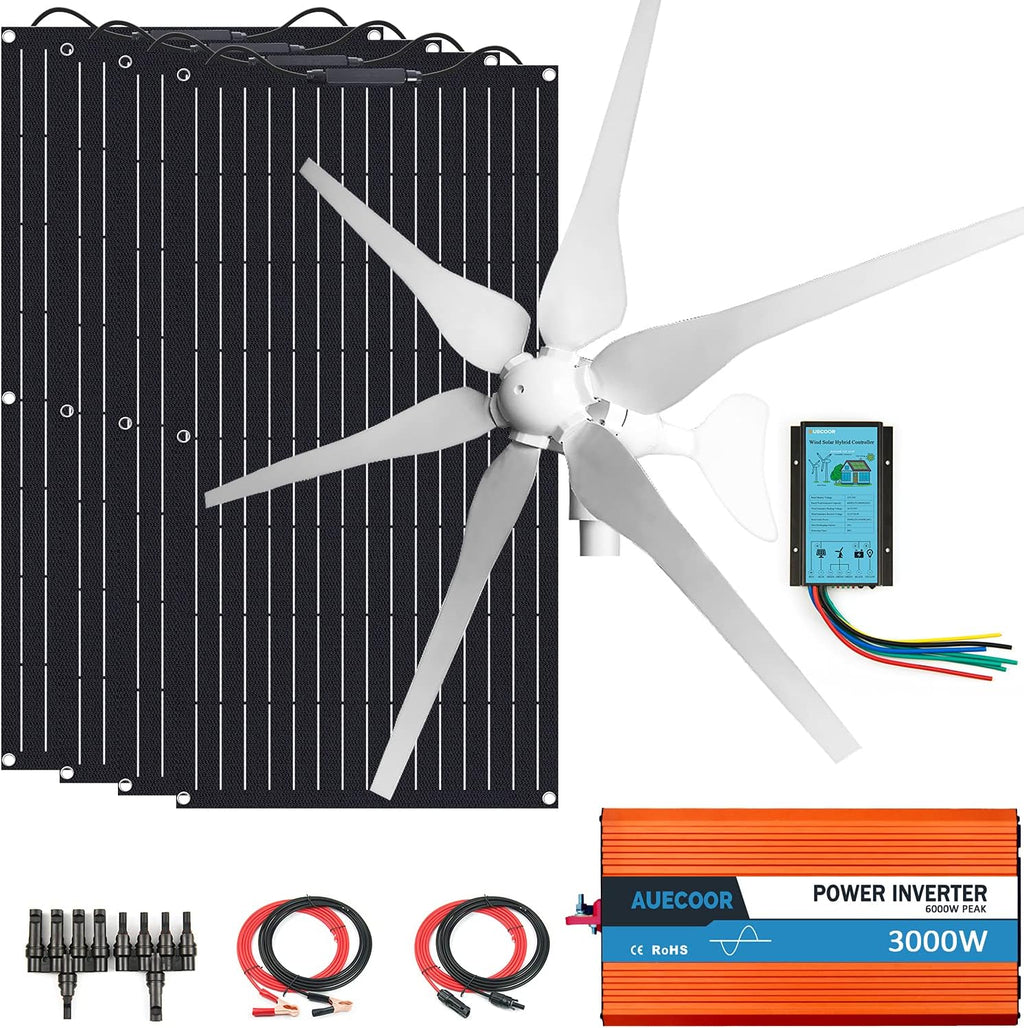 800W Wind Solar Kit Off Grid System 12V Battery Charger :4X 100W ETFE Flexible Mono Solar Panel + 400W Wind Turbine Generator + Solar Wind Hybrid Charge Controller + 3000W Inverter Peak 6000W