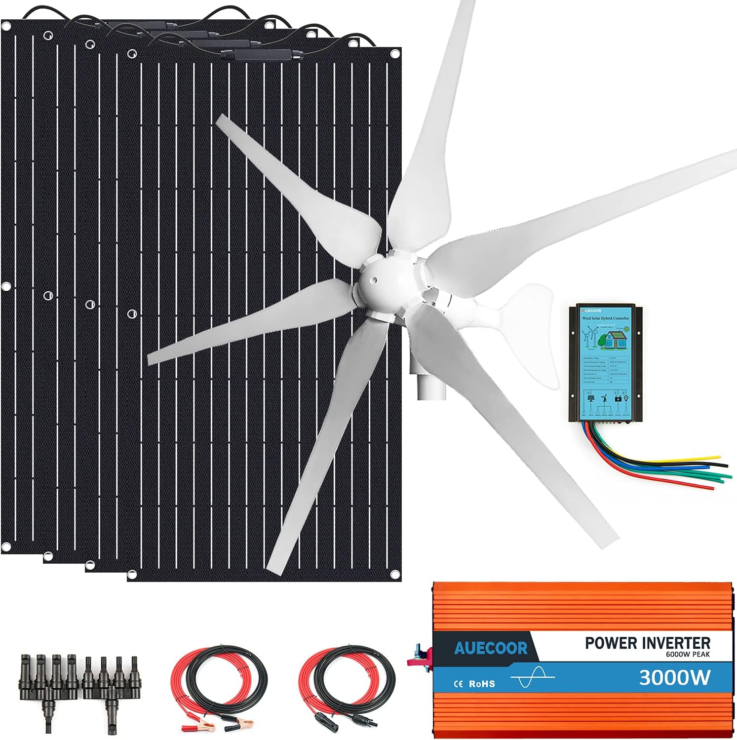 800W Wind Solar Kit Off Grid System 12V Battery Charger :4X 100W ETFE Flexible Mono Solar Panel + 400W Wind Turbine Generator + Solar Wind Hybrid Charge Controller + 3000W Inverter Peak 6000W