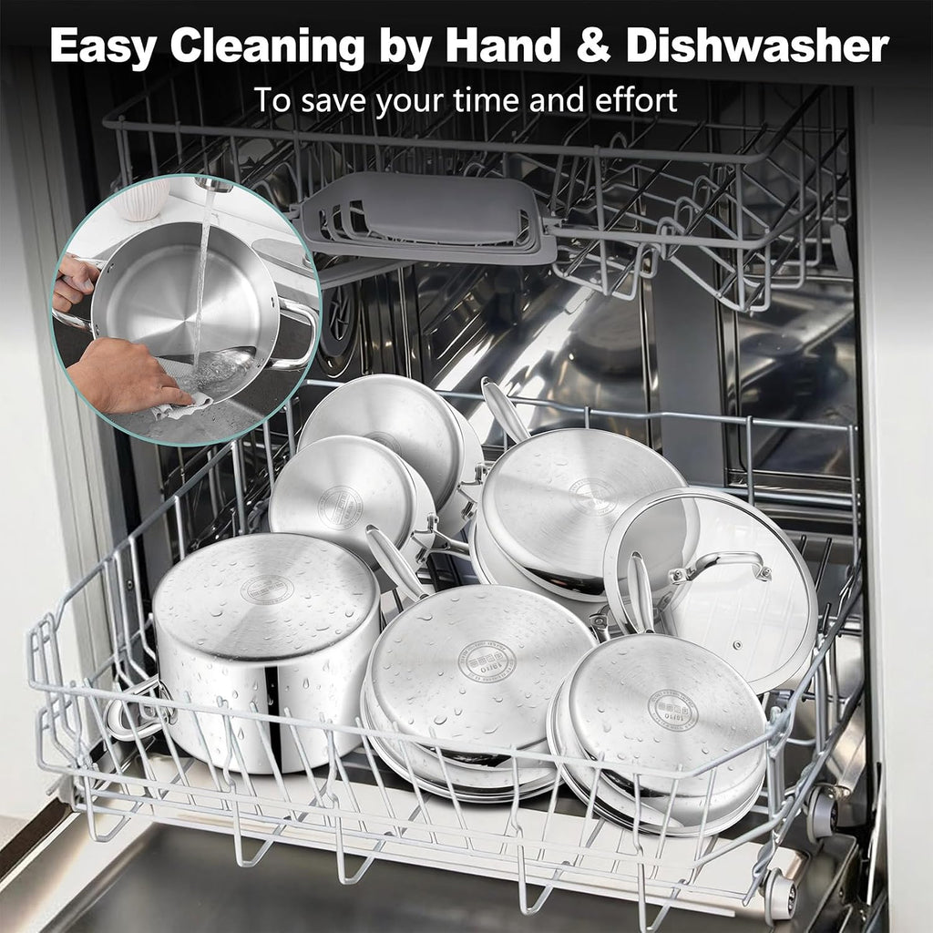 P&P CHEF 3-Ply Stainless Steel Cookware Set of 6, 10-Pieces Pots and Pans Sets Stainless Steel for Kitchen, Induction Multi Cooktops & Oven, Dishwasher Safe, Frying Pans, Saucepans, Saute Pan & Pot