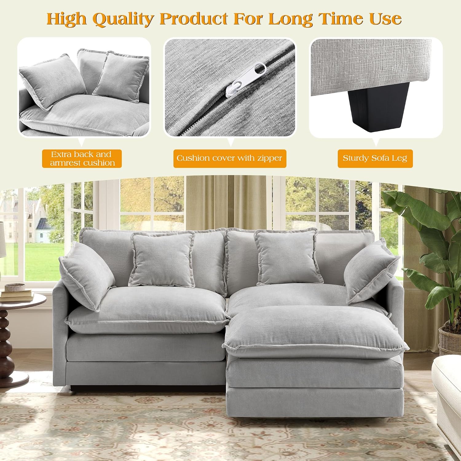 77.6' Modular Sectional Sofa,Loveseat Couch for Living Room, Modern Deep Seat Sofa 2 Seater Chenille Fabric Comfy Cloud Couches with Throw Pillows & Ottoman for Apartment,Small Spaces