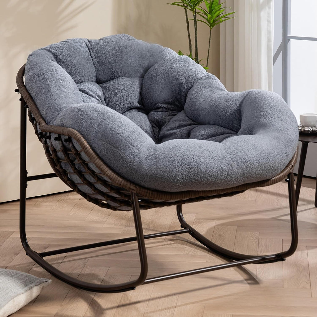 HOMEFUN Outdoor Patio Rocking Chairs, Oversized Papasan Rock Chair Indoor with Teddy Padded Cushion - Rocker Egg for Front Porch, Garden, Backyard Dark Gray