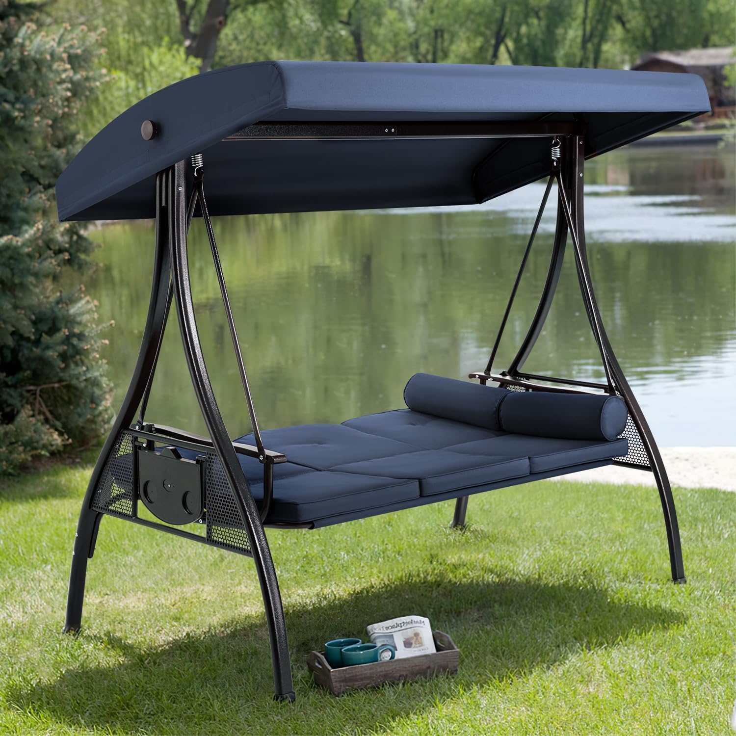 HOMREST 3 Person Outdoor Porch Swing with 1.5' Upgraded Cup Holder, Adjustable Canopy, Backrest, Patio Swing Bed with Weather Resistant Steel Frame, Cushions for Garden,Deck and Poolside(Blue)