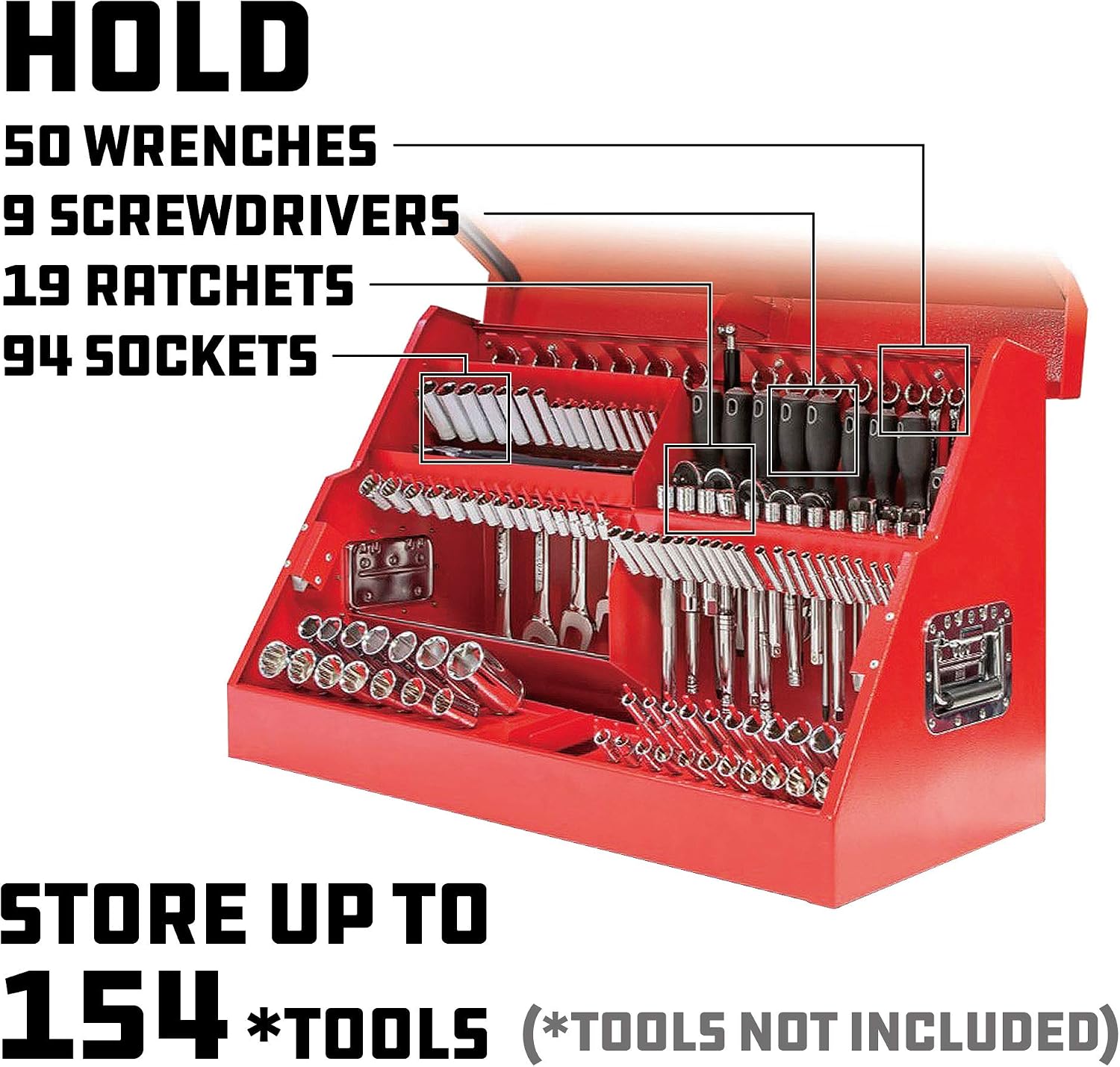 Powerbuilt 26 Inch Portable Slant Front Rapid Toolbox Tiered Stairstep Tool Holders, 16 Gauge Steel, Chrome Hardware, Weather-Resistant Lockable Polymer Lid, Red, 240311