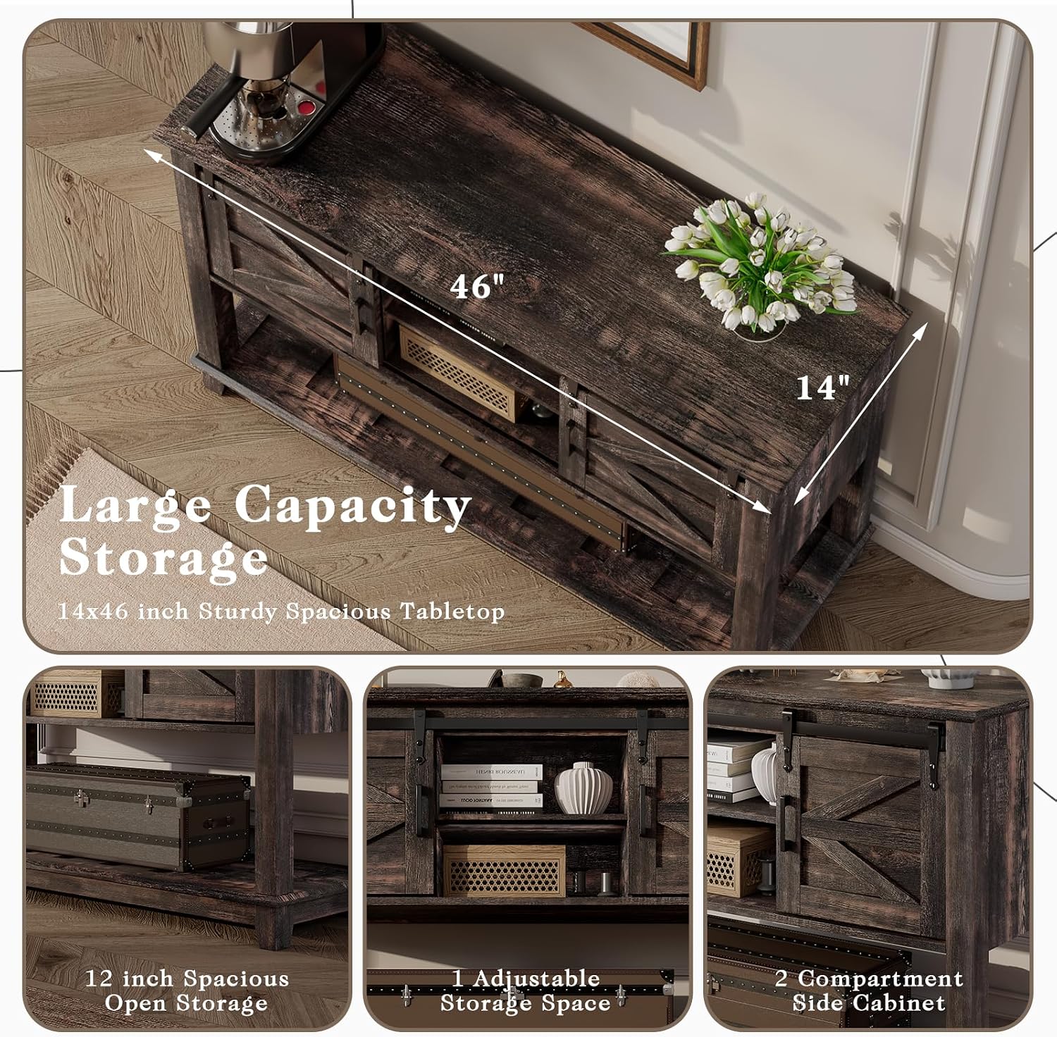 LUXOAK Farmhouse Entryway Table with Sliding Barn Doors, 46' Sofa Table for Living Room, Console Table with Storage, Dark Rustic Oak