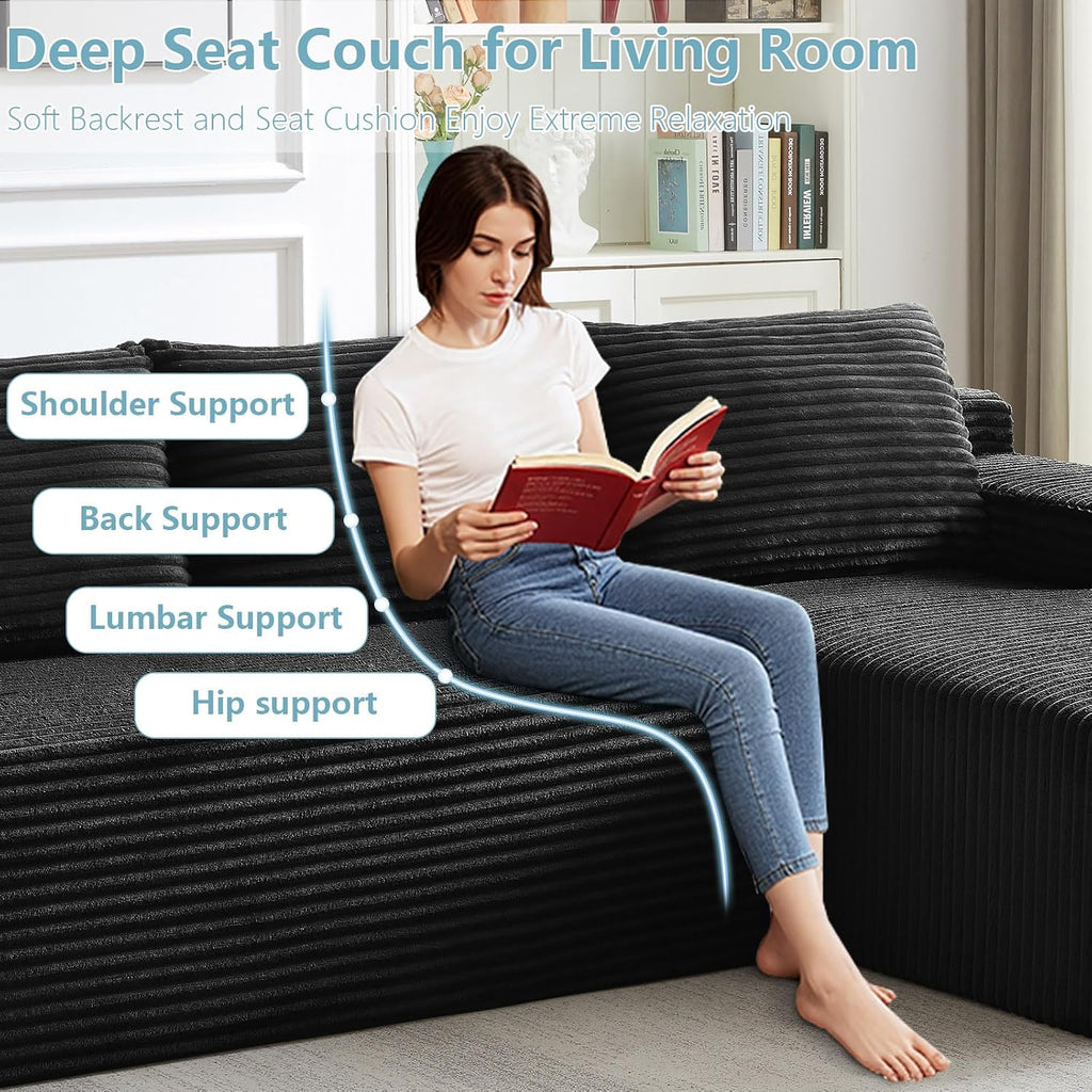 96' Cloud Sectional Couch with L-Shape Chaise, Modern Corduroy Boneless Couch for Living Room,Memory Foam Sofa with Deep Seat,No Assembly Required (Black,Right-Facing Chaise)