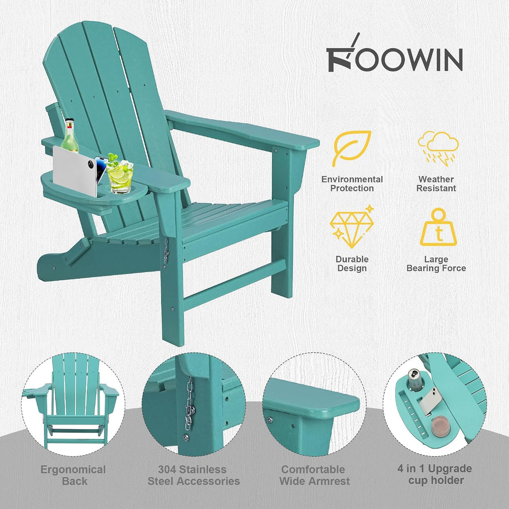 FOOWIN Folding Adirondack Chair, HDPE Adirondack Chairs with Cup Holder, Weather Resistant Plastic Fire Pit Chairs for Outdoor, Patio, Lawn, Garden, Backyard, Deck, Lake Blue