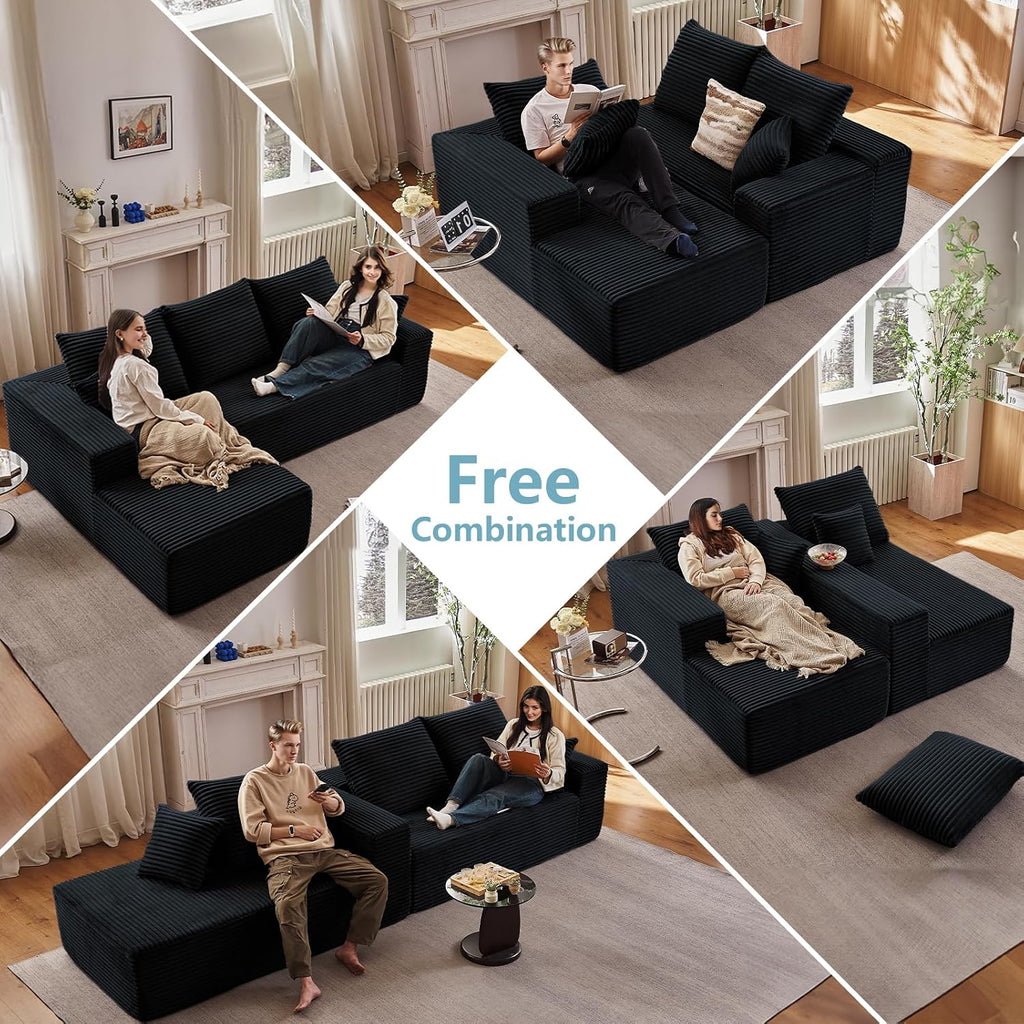 107' W Cloud Sectional Couch with L-Shape Chaise, Modern Corduroy Boneless Couch for Living Room,Memory Foam Sofa with Deep Seat,No Assembly Required (Black,Left-Facing Chaise)