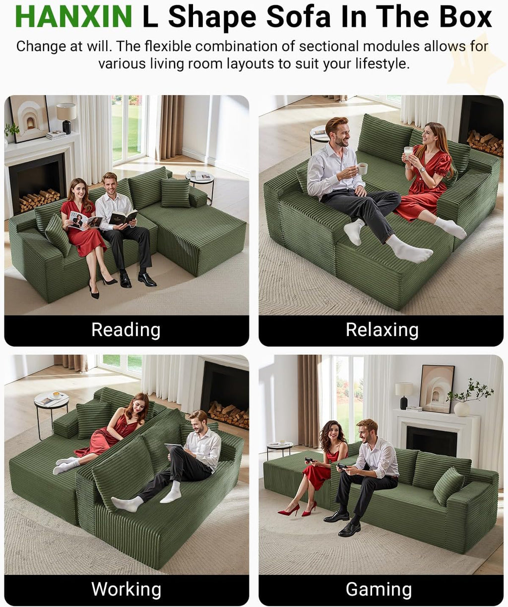 105 Inch Cloud Sectional Couch,Modern Modular Sectional Sofa with Deep Seat,Corduroy Boneless Couches with L-Shape Chaise for Living Room Bedroom,No Assembly Required (Green, Right Facing Chaise)