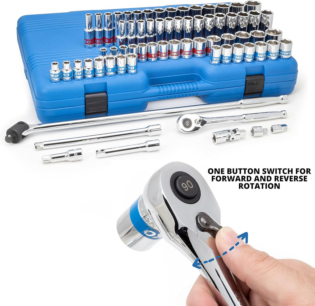 Neiko 02479A 1/2 Inch-Drive Colored Mechanics Tool Ratchet, Socket Set, 68 Piece Standard and Deep SAE Sizes 3/8' to 1-1/4' Metric Sizes 10 mm to 24 mm Made with CrV Steel for Auto Repair