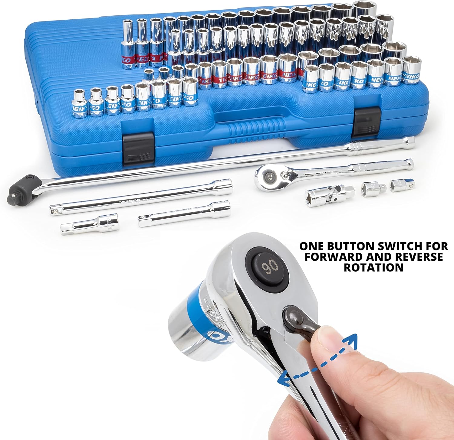 Neiko 02479A 1/2 Inch-Drive Colored Mechanics Tool Ratchet, Socket Set, 68 Piece Standard and Deep SAE Sizes 3/8' to 1-1/4' Metric Sizes 10 mm to 24 mm Made with CrV Steel for Auto Repair