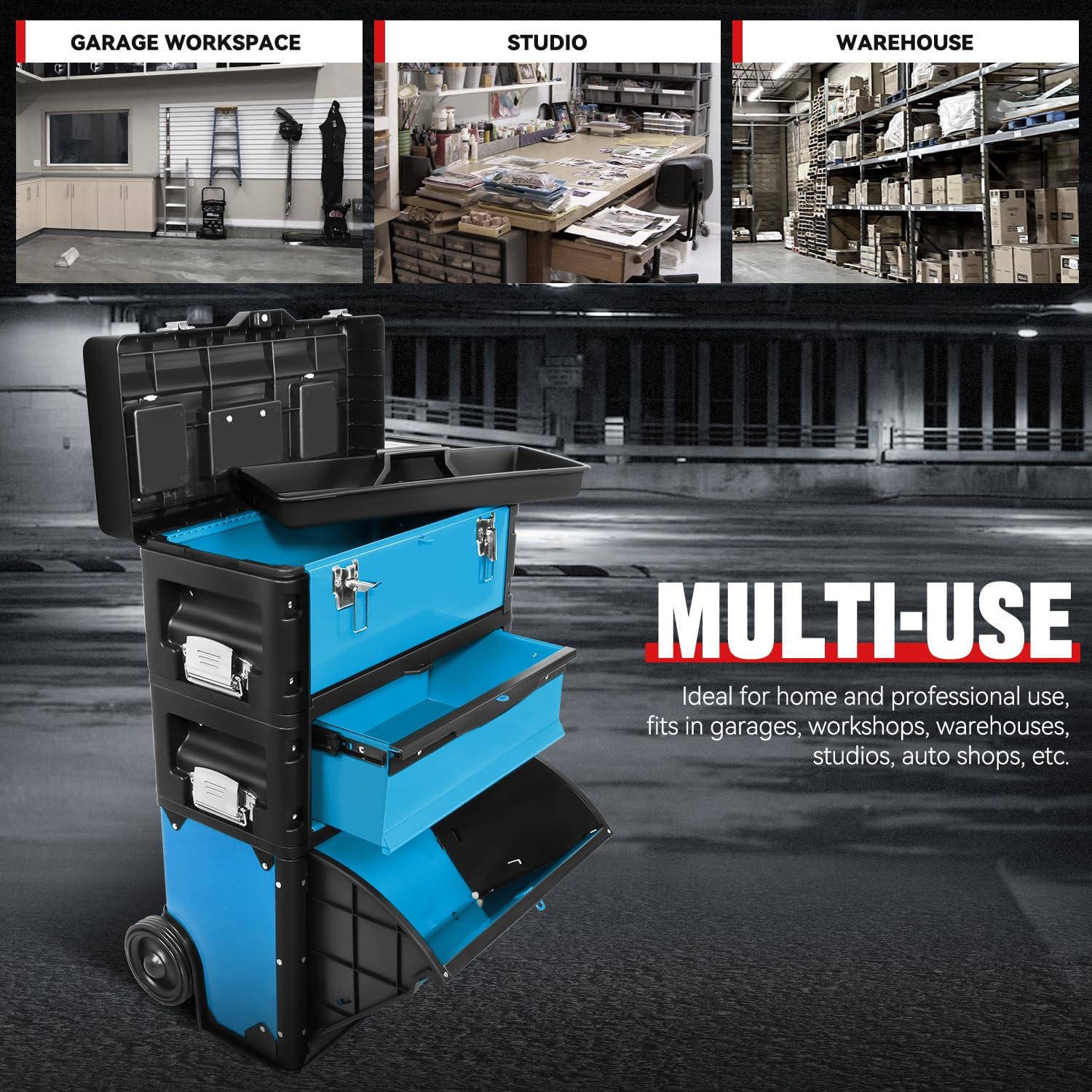Auto Dynasty 3-Tier Stackable Tool Box, 19.5 Inch 3-in-1 Rolling Tool Box with Wheels, Portable Steel and Plastic Rolling Upright Trolley Toolbox Organizer for Garage Workshop, 3-Piece Set, Blue