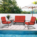Incbruce 4Pcs Outdoor Metal Furniture Patio Conversation Sets (Glider, Bistro Table, 2 Spring Lounge Chairs) - Wrought Iron Outdoor Glider Chairs Sets (red)