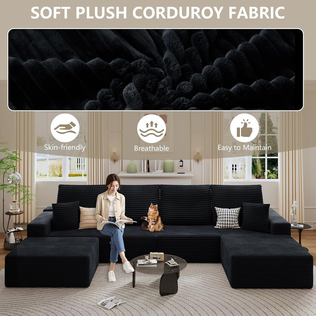 135' Cloud Sectional Couch with U-Shaped Chaise, Corduroy Sectional Sofa with Ottoman, Boneless Couch with Deep Seat in a Box for Living Room, No Assembly Required (Black, Right Facing Chaise)